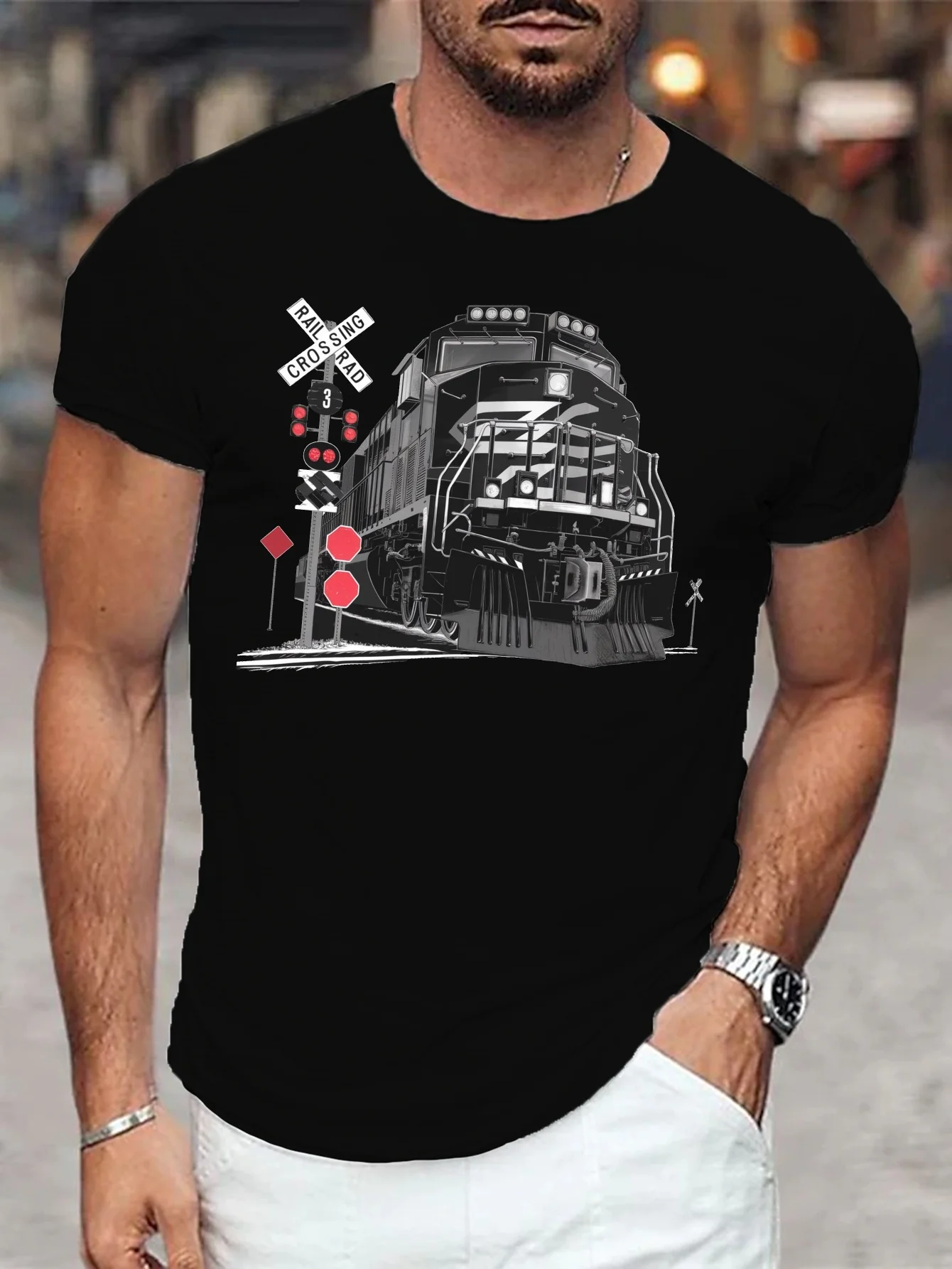 Men's Casual Short-Sleeve T-Shirt - Dark Motorcycle Pattern Print with Geometric Accents, Lightweight Summer Top, Regular Fit, Machine Washable, Railway Decoration, Loose Style Shirt