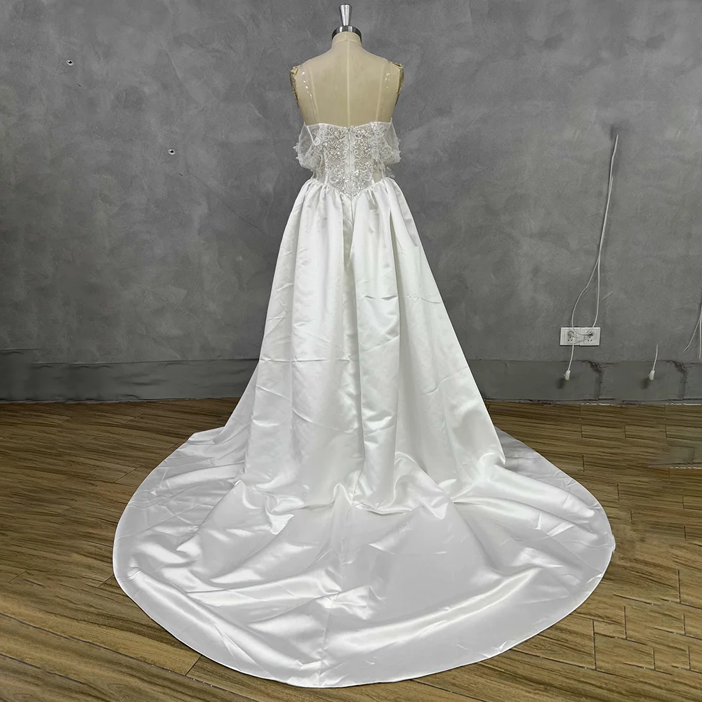 Off Shoulder Lace Corset Satin Wedding Dress High Side Slit Cathedral Train Backless Ivory Bridal Gown Custom Vestido De Novia image 5