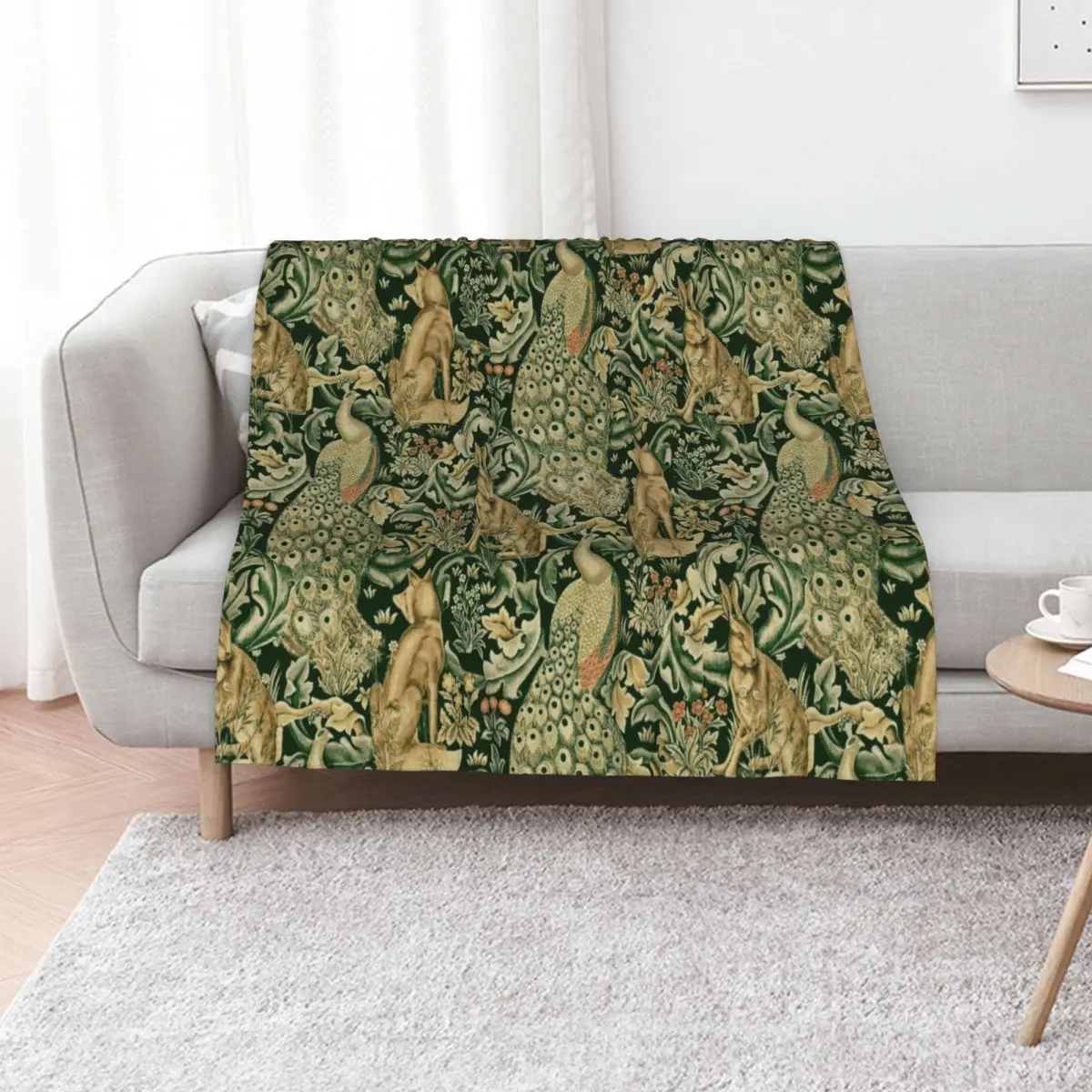 GREEN FOREST ANIMALS ,PEACOCKS, FOX AND HARE IN GREEN LEAVES,FLORAL PATTERN Throw Blanket manga Warm Shaggy wednesday Blankets