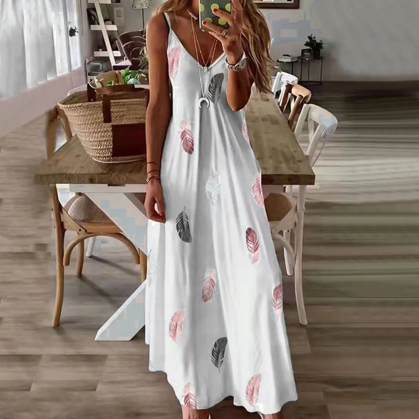 

Bohemian Fashion Summer Maxi Long Dress Women V Neck Sleeveless Ruffles Hem Sundress Feather A-Line Beach Holiday Vestidos 2023