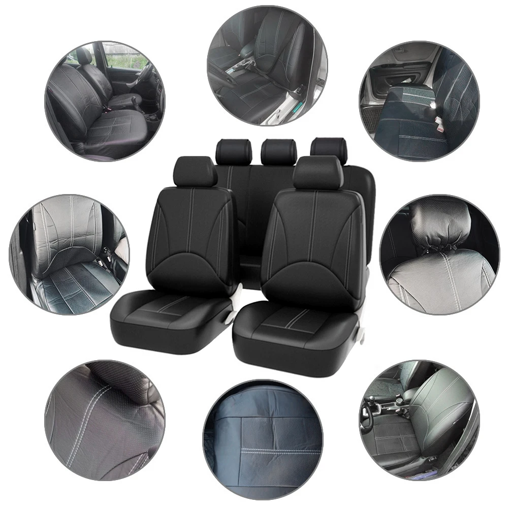 9pcs/Set Car Seat Covers Universal PU Leather Black Seat Protector Covers Full Set Four Seasons Automobile Interior Accessories