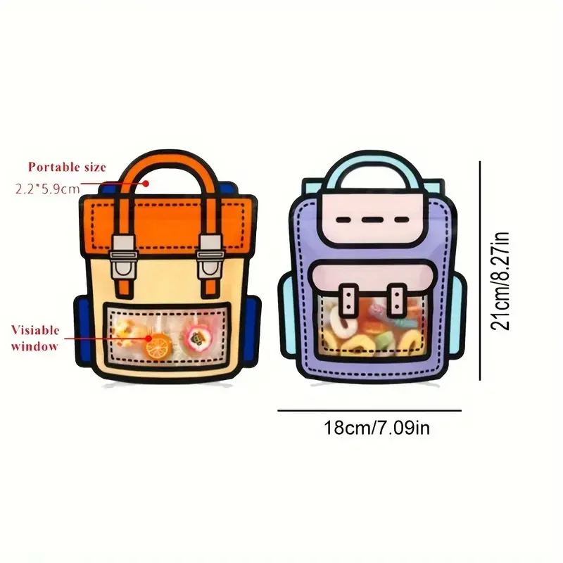 10pcs Creative School Bags Shape Cookie Candy Plastic Zipper Bags, Snack Packaging For Birthday Graduation Party Present Handbag
