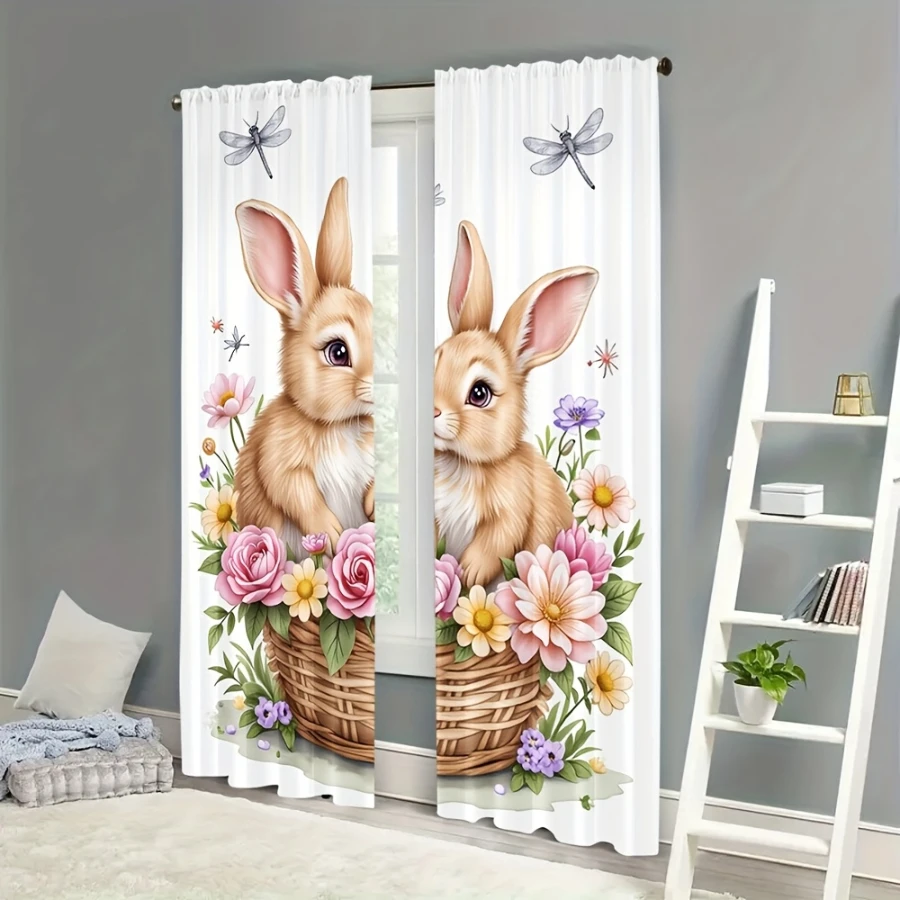 2PCS Digital Print  Curtain, Flower Basket Rabbit, Bohemian Style  Curtain Panel for Home Living Room Bedroom Decor