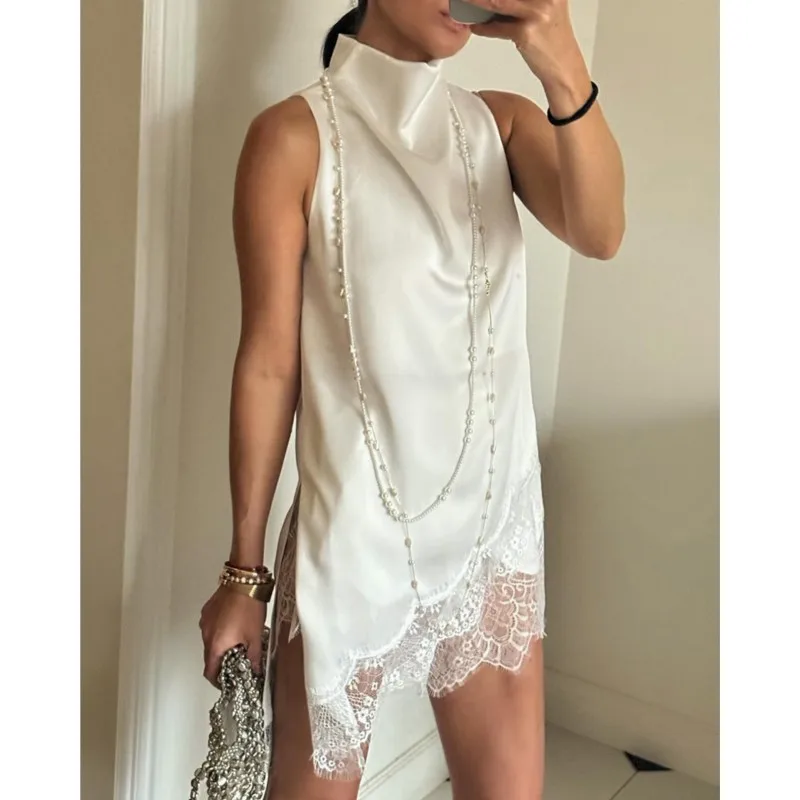 Women's Satin High Neck Lace Trim Sleeveless Tanks Summer Fashion Casual  Irregular Silhouette Delicate Solid Color Tops