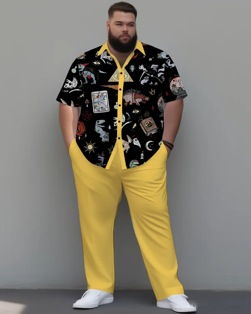 

S-9XL Мужская винтажная рубашка с короткими рукавами и брюками больших размеров с принтом динозавра, комплект из 2 предметов, свободный крой в стиле ретро, летний комплект