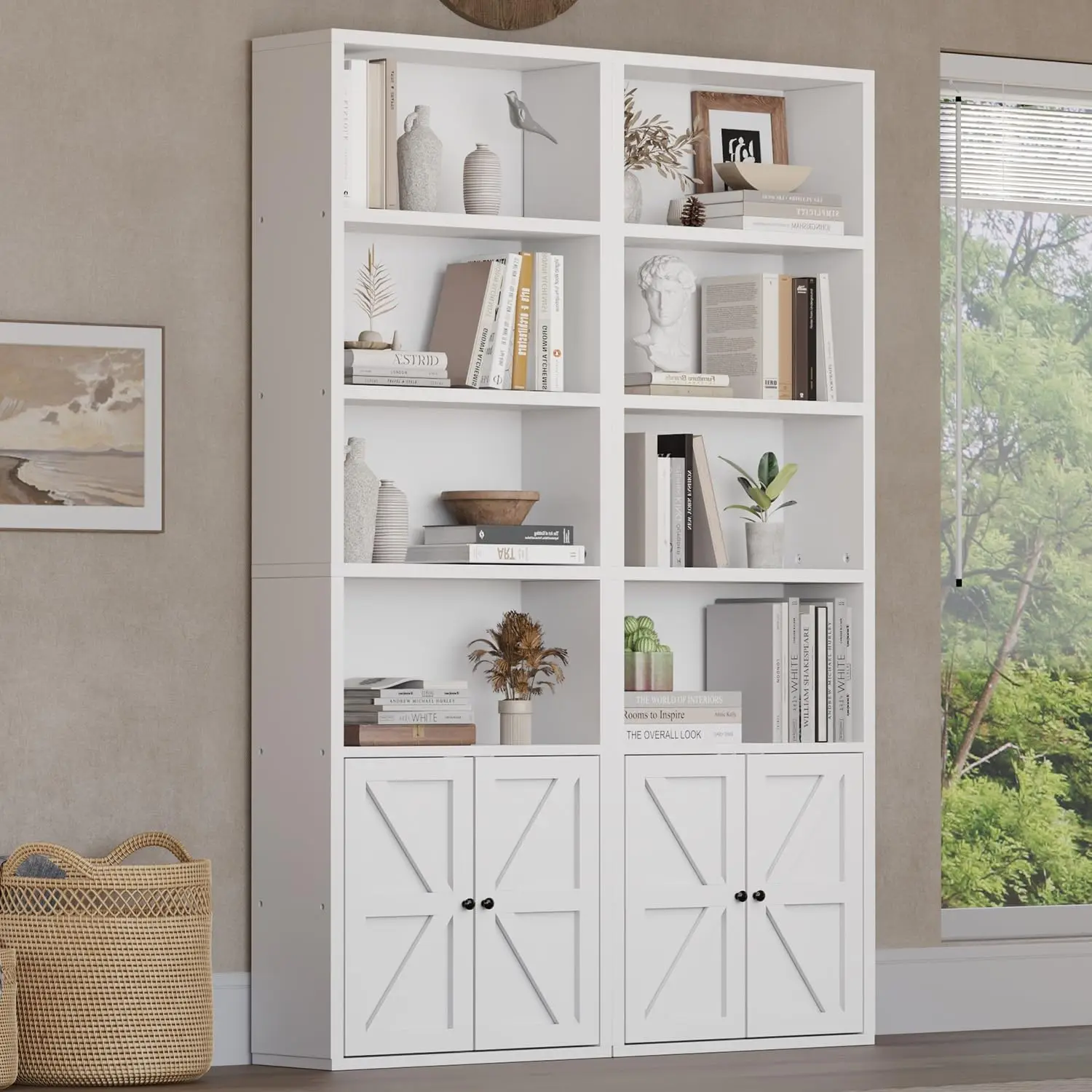 6단 산업용 책장 2개 세트, 71피트 높이의 흰색 바닥 책장(수납 캐비닛 포함)