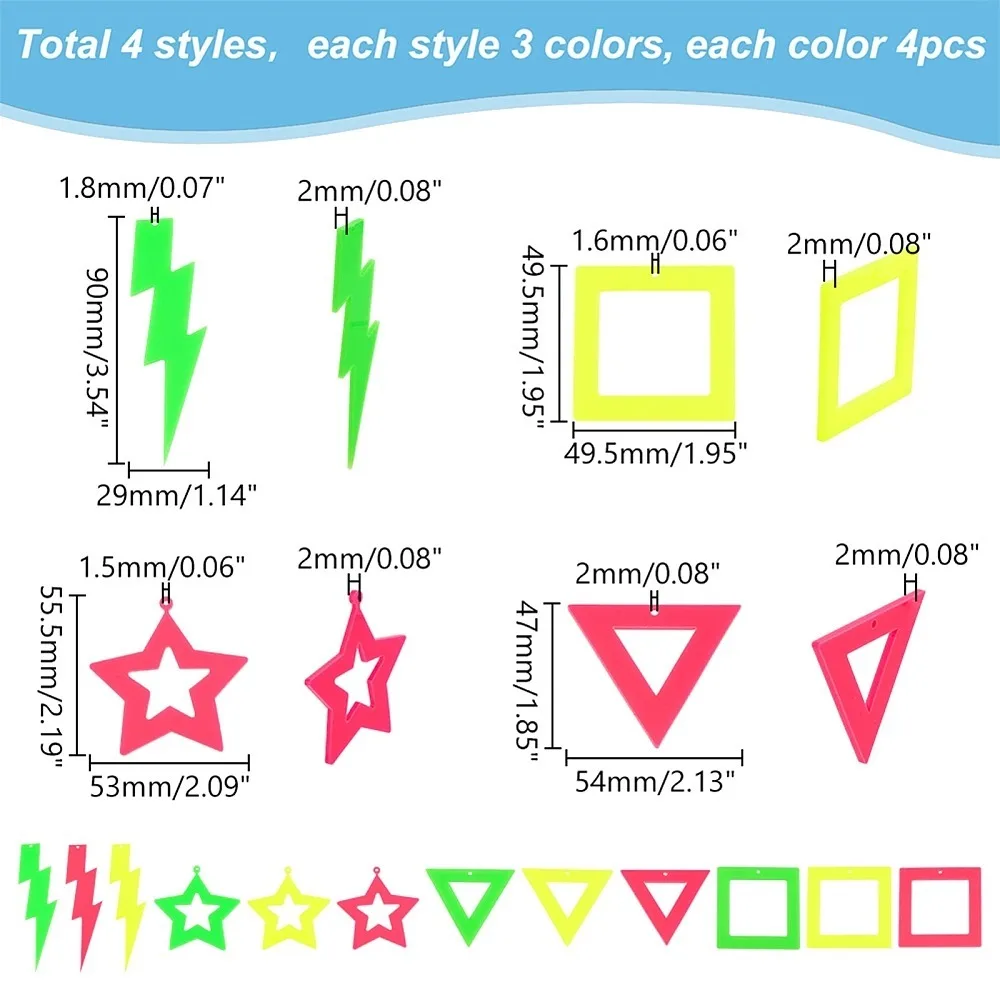 

48Pcs 12 Styles Acrylic Big Pendants Mixed Shapes 47~90x29~54x2mm Hole: 1.5~2mm 4pcs/style