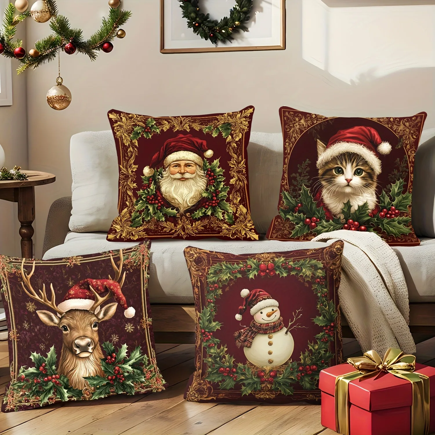 Christmas cute fun: reindeer, snow cat with holy hat, snowman and old saint New Year home decoration 2d flat printing
