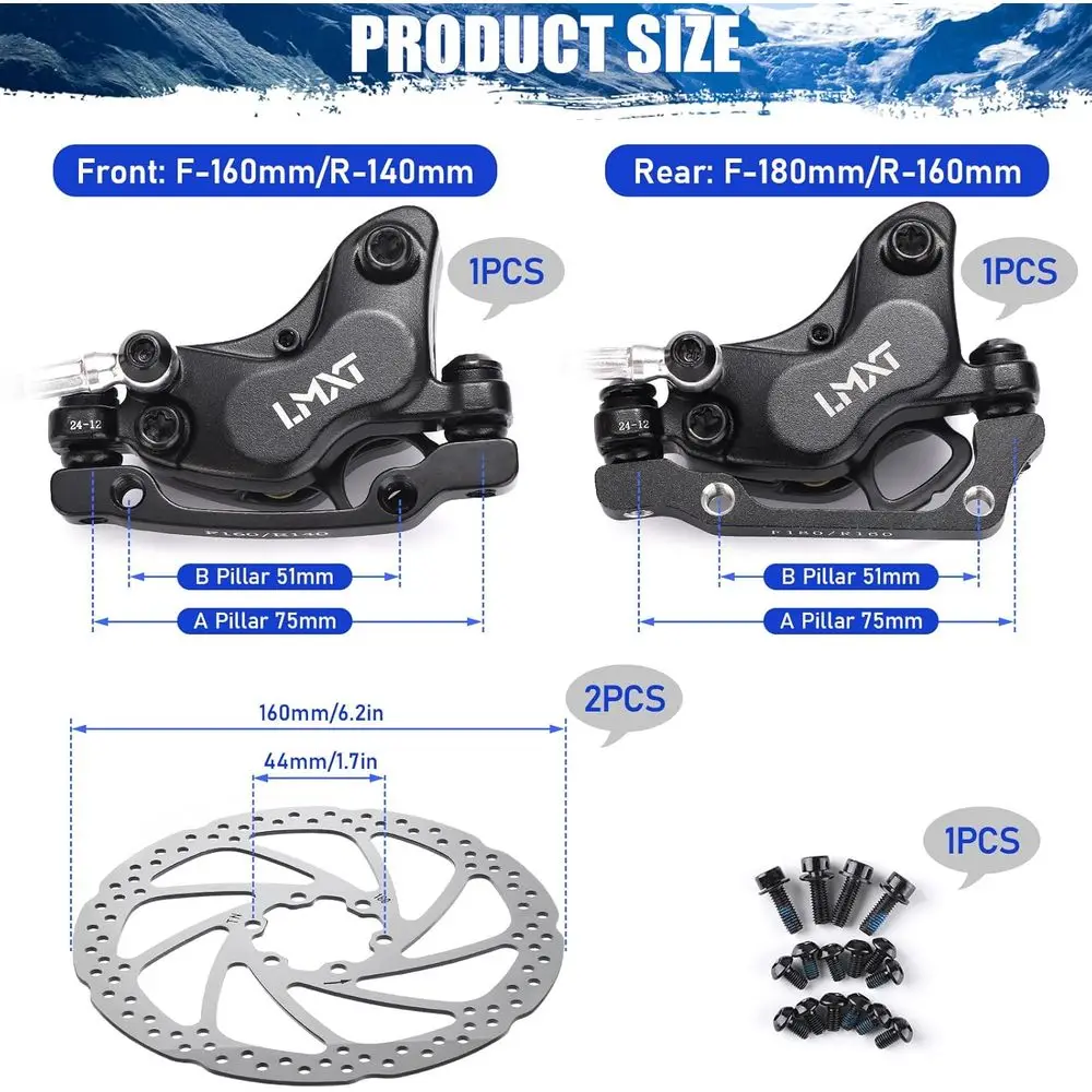 مجموعة فرامل قرصية MTB بأربعة مكابس من TOBWOLF، مجموعة فرامل هيدروليكية مع دوارات 160 مم وسادات فرامل سيراميك، أمامي يسار 85 سم & R