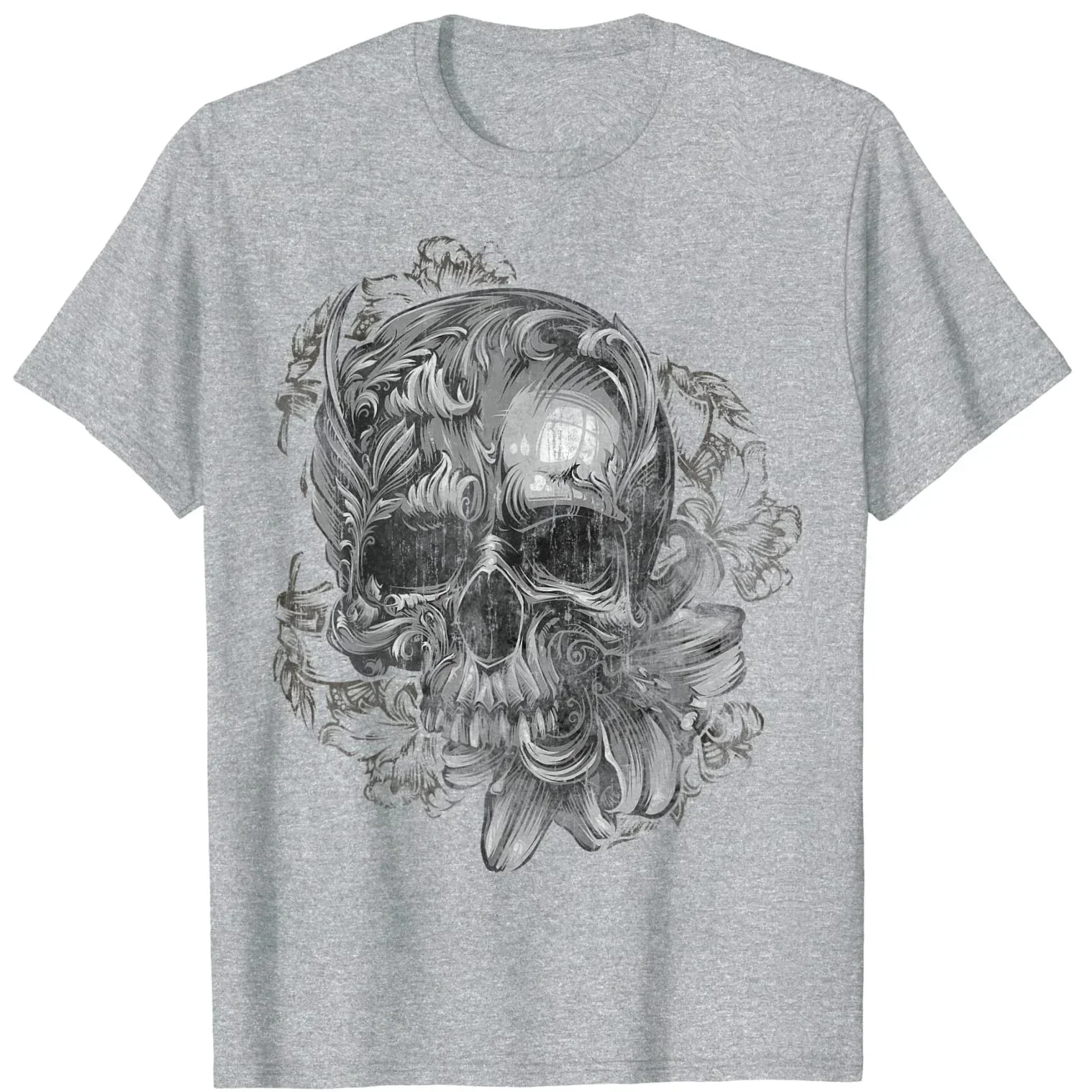 

Потертая декоративная байкерская или готическая футболка с цветочным принтом и черепом, 100% хлопок, с круглым вырезом и коротким рукавом, летняя повседневная мужская футболка, уличная одежда