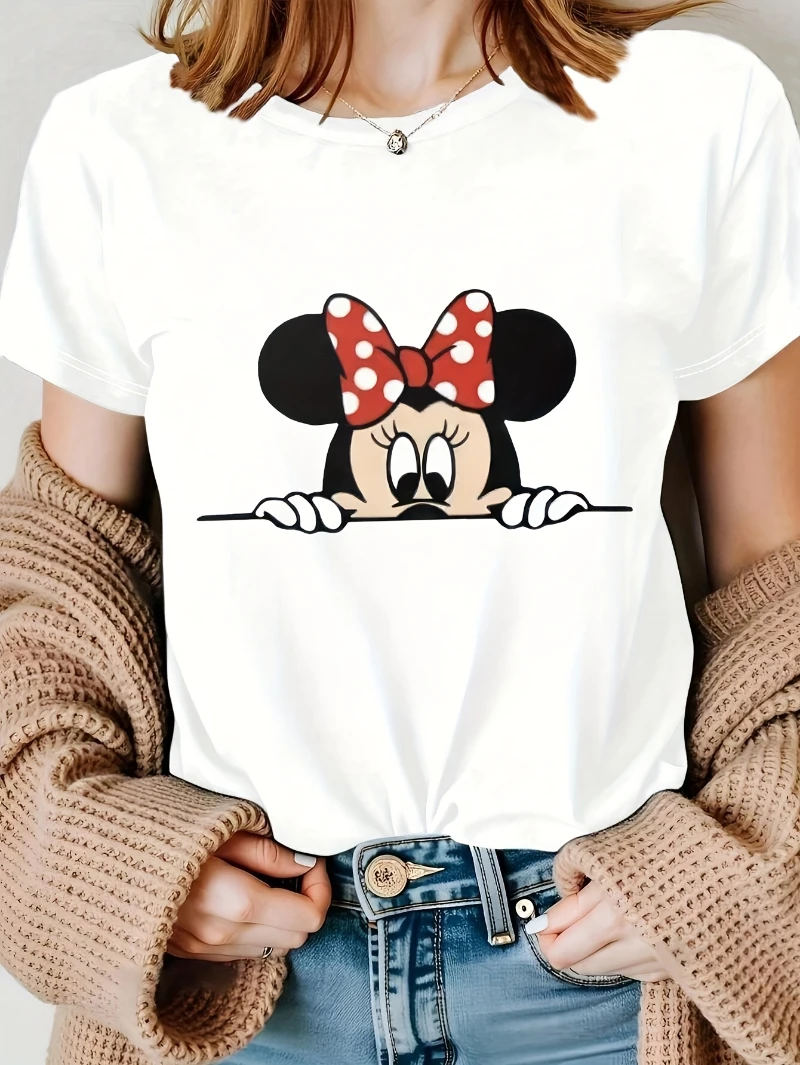 

Летняя футболка с рисунком Минни Маус Диснея, белая, с короткими рукавами, яркий анимированный дизайн, мягкая и удобная ткань из чистого хлопка