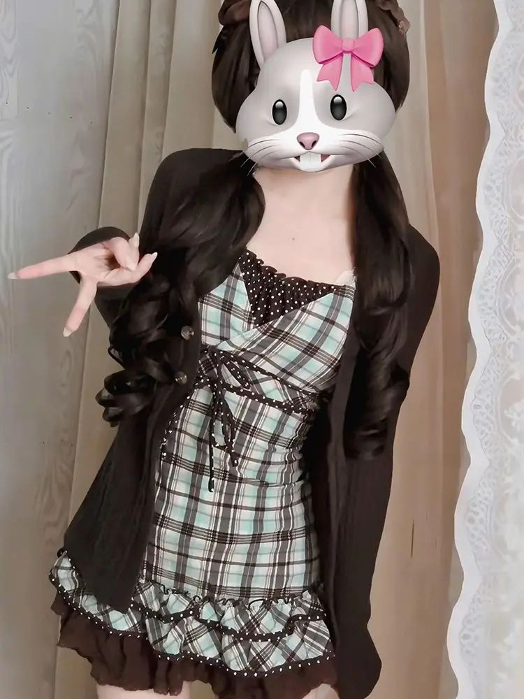 Japanese Vintage Hot Girl Strapless Sleeveless Plaid Top Harajuku Waist Cinched Short Skirt Summer Niche Design 2-piece Set