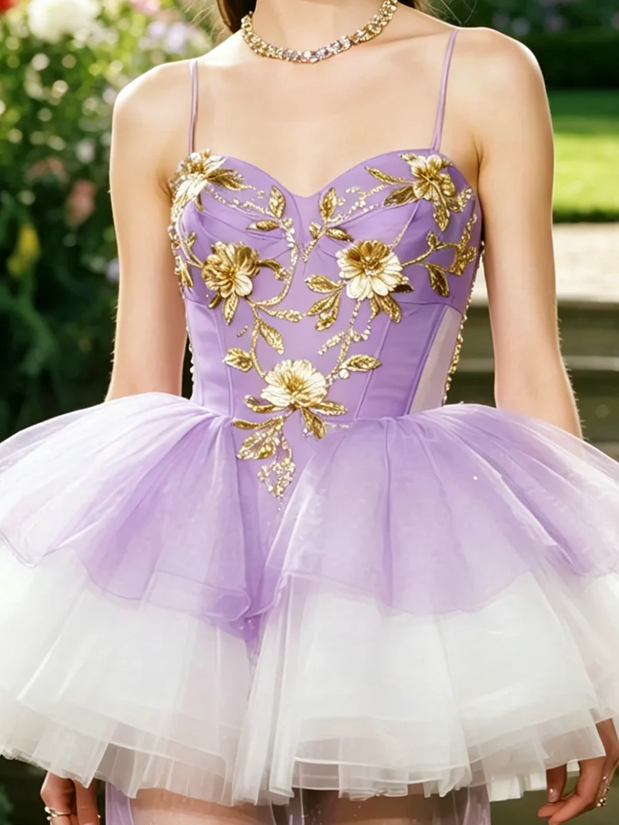 

Elegant Spaghetti Strap Purple Sleeveless Gold Floral A-Line Formal Evening Dresses Birthday Party Prom Gowns Customized