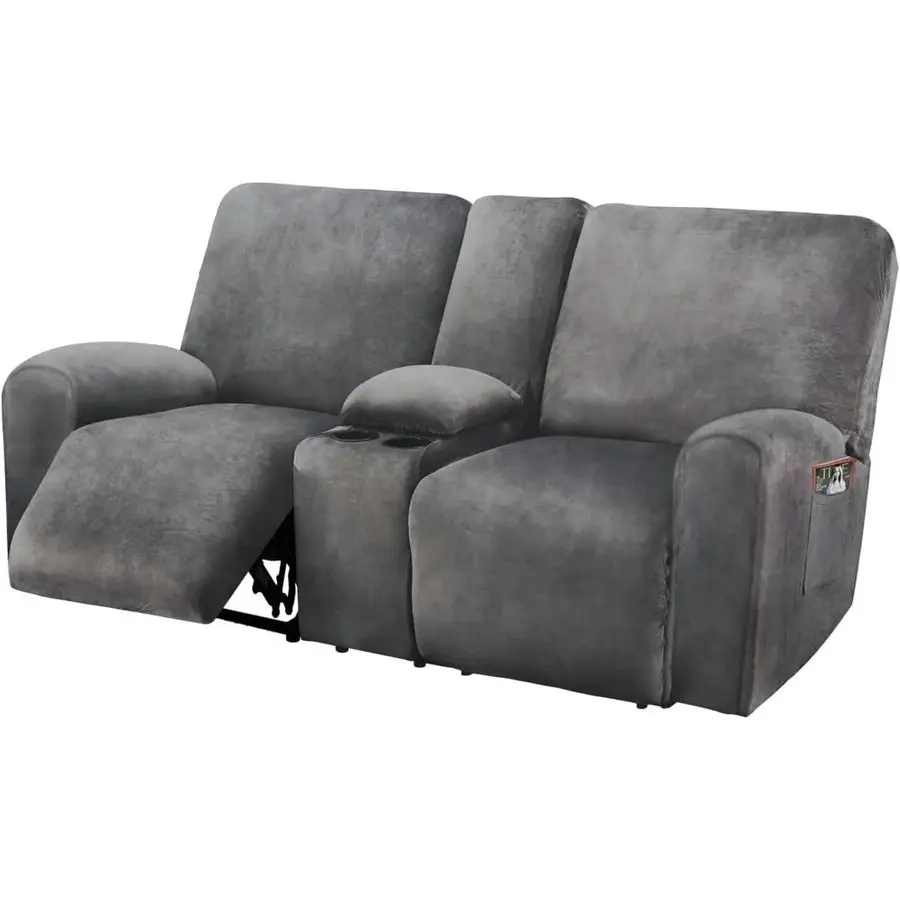 

Reclining Loveseat with Middle Console Slipcover, 8Piece Velvet Stretch Sofa Covers, 2 seat Loveseat Recliner Cover, Thick, Soft