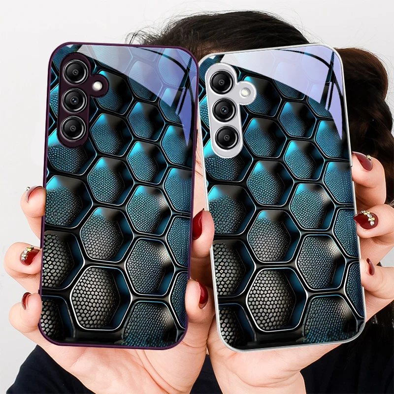 

Blue Gradient Grid For Samsung Galaxy A01 02 03 Core A04 A14 4G A13 54 34 31 20 25 23 22 5G S21 Ultra S20 Glass Phone Case