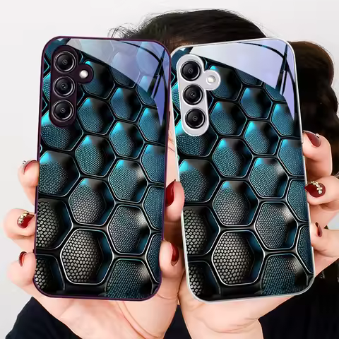 Blue Gradient Grid For Samsung Galaxy A01 02 03 Core A04 A14 4G A13 54 34 31 20 25 23 22 5G S21 Ultra S20 Glass Phone Case