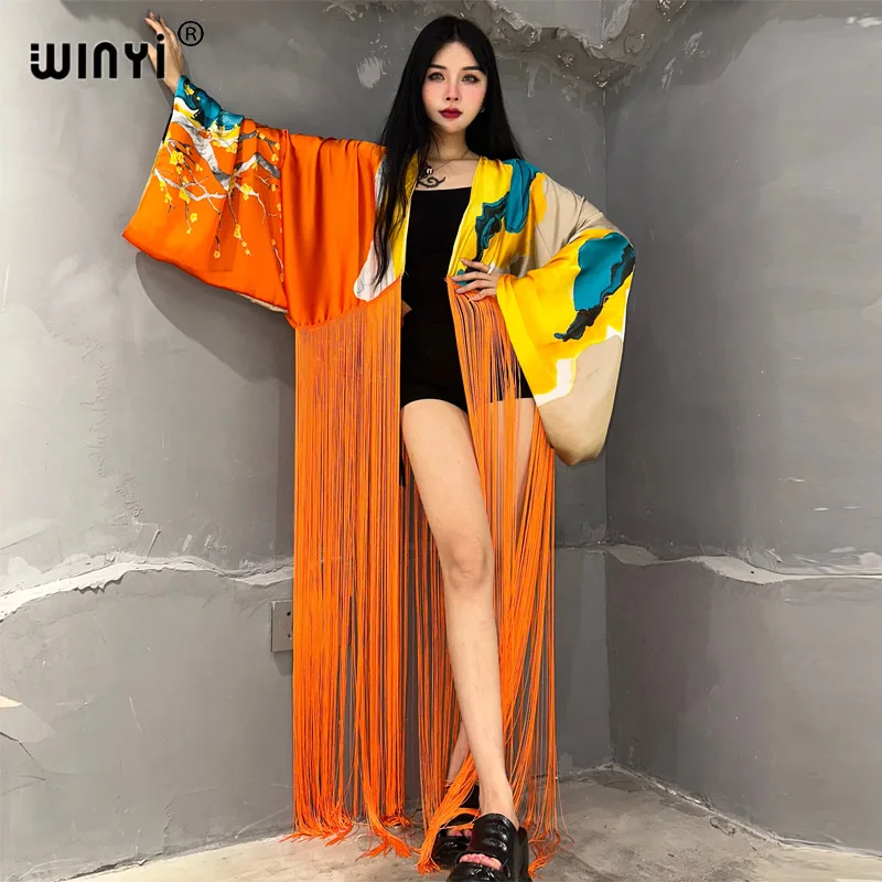 WINYI kimono boho fashion summer beachwear summer Classic print Bikini Cover-up Cardigan sexy Holiday long Sleeve tassels dress