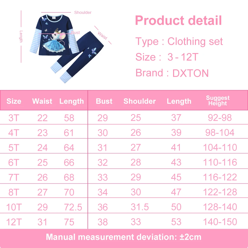 DXTON wiosna jesień z długim rękawem zestawy ubrań dla dzieci pulowerowe topy + spodnie 2 szt. Garnitury motyl królik kreskówka zestaw piżam dla dzieci