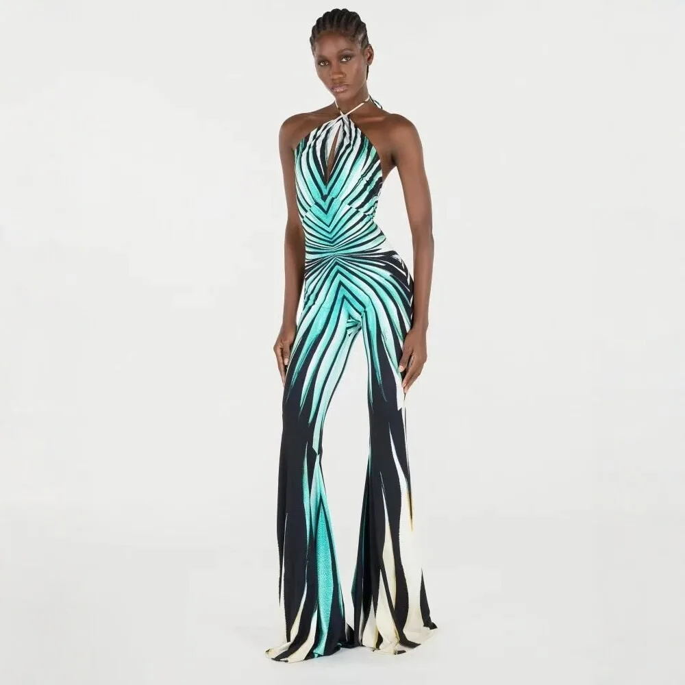 Women's Sexy Halter Striped Printed Jumpsuit Slim Fit Open Back Long Flare Pants Elegant Evening Fashion Party Bodycon Jumpsuit