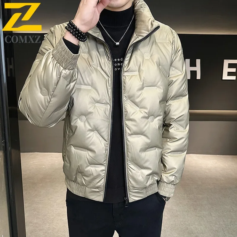 COMXZ Mens stand collar Puffer Jacket Korean Style Solid Color Cotton-Padded Waterproof Windproof Thermal wrinkle Outerwear 2025
