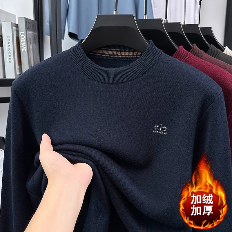 Thickened Men's Sweater with Added Fleece, Winter Round Neck Outfit, Base Coat, One-piece Fleece Warm Knit Sweater