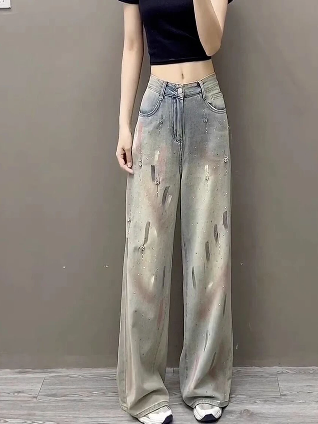 

Retro Distred fiti Wide Leg Jeans Men's Spring New Loose Long Pants Women's Casual High Waist Denim High Waist Jeans