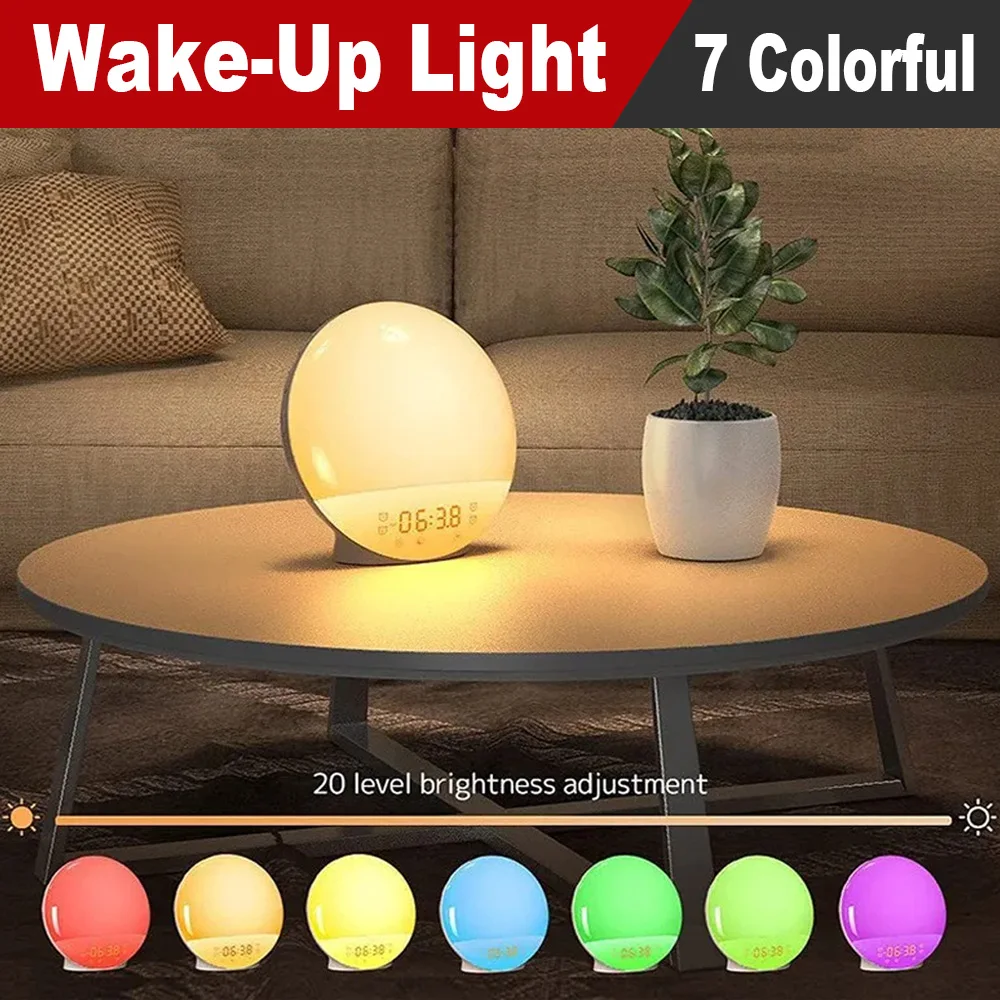 Wake Up Light Alarm Clock with Sunrise/Sunset Simulation Dual Alarms FM Radio Nightlight 7 Colors Natural Sounds Snooze