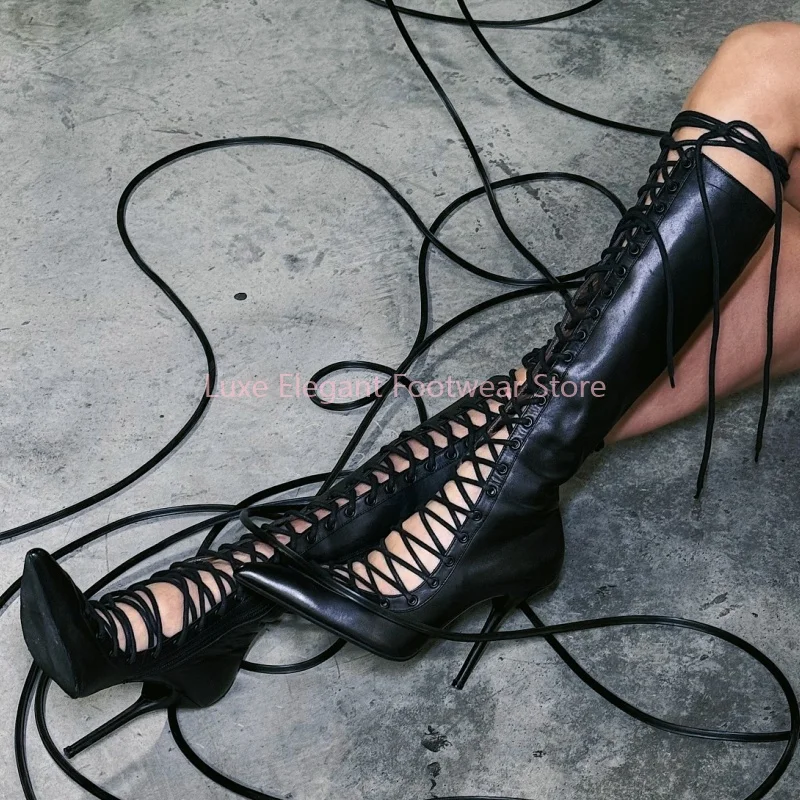 

Black Mesh Lace Up Pointed Toe Knee High Boots Women Leopard Leather Hollow Side Zipper Long Boots Sexy Fashion Party Shoes New
