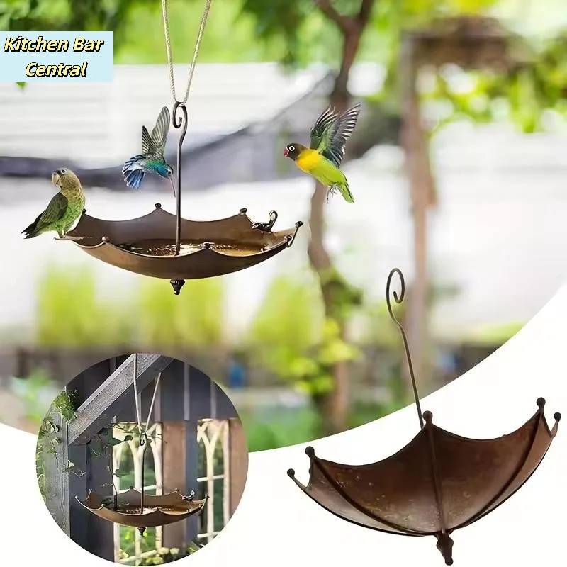 【1 ud. de comedero para pájaros colgante para exteriores, con forma de sombrilla, comedero de hierro para colibríes y tazón de agua para jardín, patio trasero】