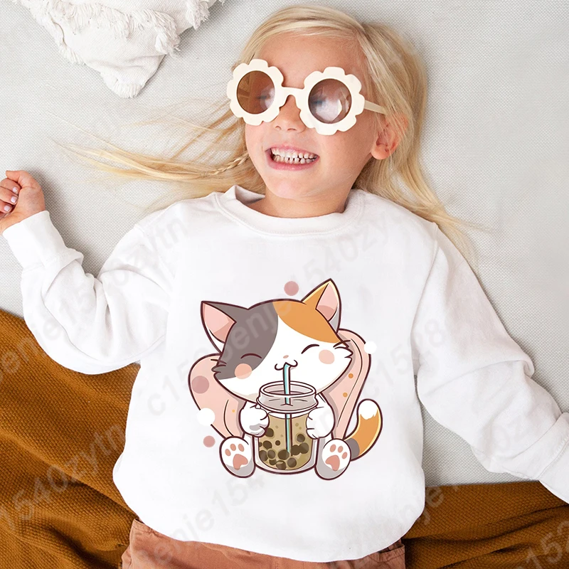 

Autumn And Winter Popular Cat Boba Tea Print Crew Neck Sweatshirt For Kids Children Girls Hot Selling Clothing Hoodless Pullover
