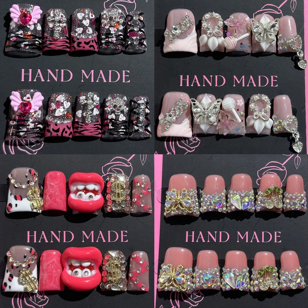 

Spice Girl Handmade Short Duck Bill French Press On Nails Shining Diamond Metal Butterfly Wings Flowers Sequins Pearl False Nail