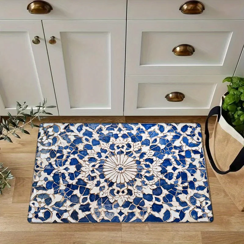 Classic Blue White Mosaic Mandala Tile Pattern Non Slip Kitchen Mat Mediterranean Style Indoor Entry Rug