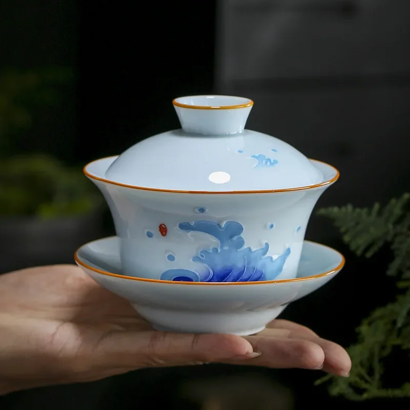 Hand-painted Flower Colorful Tea Gaiwan Set Luxury Gaiwan Luxury Gift Set Shadow Green Ceramic Sancai Tureen Special Tea Bowl