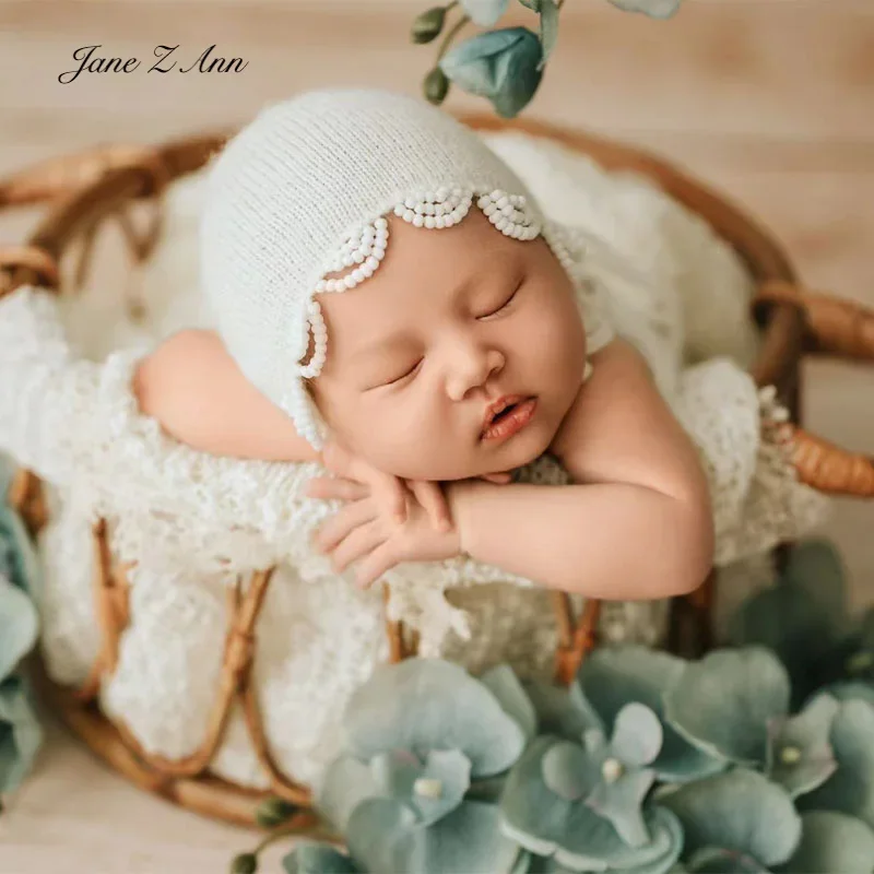 Newborn baby photo props infant boys girls handmade knitted beads edge bonnet