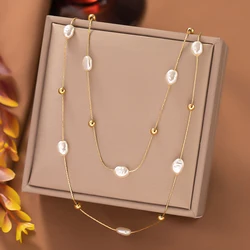 Yupsk 316L Stainless Steel Double Layer Pearl Choker Necklace for Women 2in1 Chains Necklaces Bridal Wedding Party Jewelry