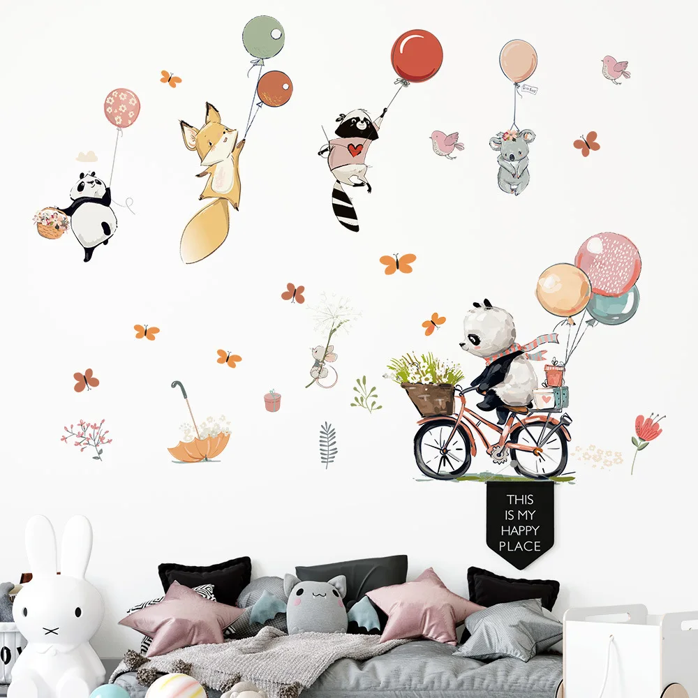 Cartoon Animal Balloon Panda Cycling Wall Sticker Decoration Bedroom Living Room Background Art Stickers PVC Kindergarten