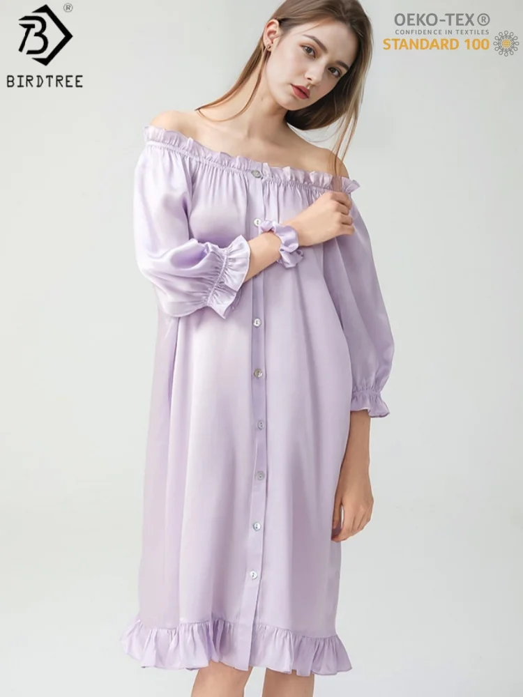 Birdtree,OEKO-TEX,6A 100%  Silk Sleep Nightgown, Women Puff Sleeve French Style Pajama Homewear Dress,2025 New D5D009JF