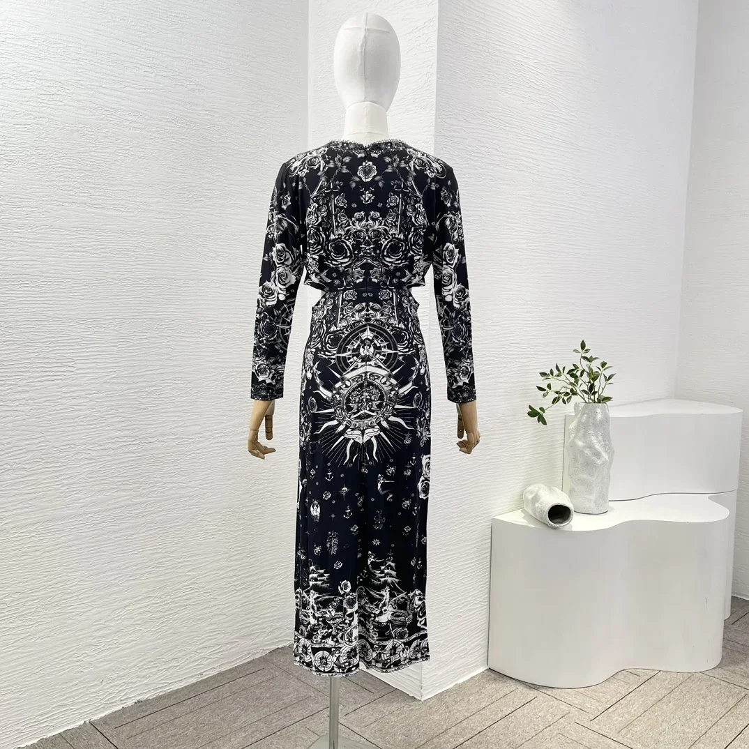 High Quality Black Rose Floral Print Folds Cut Out Waist Diamonds Women Midi Dress for Holiday