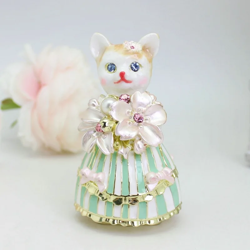 

SHINNYGIFT Enameled Princess Cat Figurine Hand Painted Hinged Jewelry Box Crystal Decorative Animal Collectible Trinket Boxes
