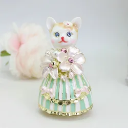 SHINNYGIFT Enameled Princess Cat Figurine Hand Painted Hinged Jewelry Box Crystal Decorative Animal Collectible Trinket Boxes