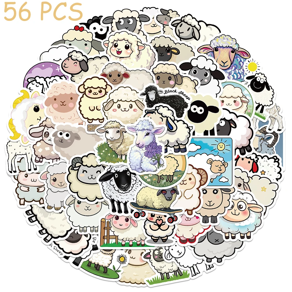 56pcs Cartoon Cute Lambs Stickers Decals For Phone Laptop Suitcase Scrapbook Skateboard Aesthetic Waterproof Stickers Kids Gifts