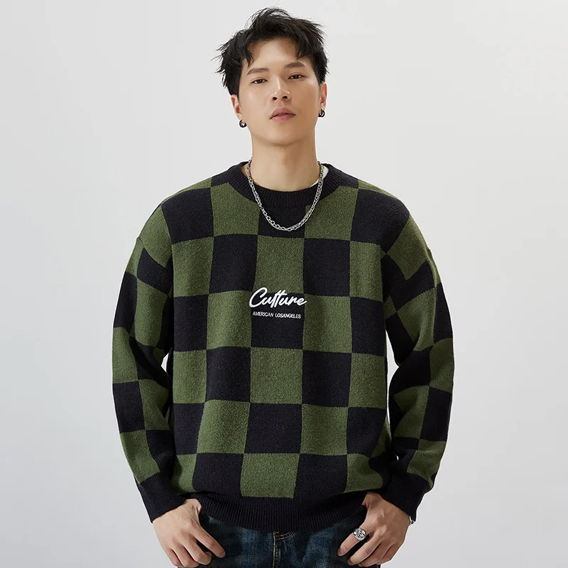 

Винтажный клетчатый круглый свободный мужской вязаный свитер, осень-зима, повседневный носимый для пар, теплое волокно из полиэстера