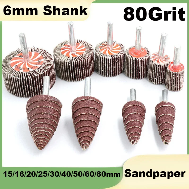 1Pcs 6mm Shank 80Grit Sanding Flap Wheel 15/16/20/25/30/40/50/60/80mm Disc Sandpaper Abrasive For Dremel Rotary Tool