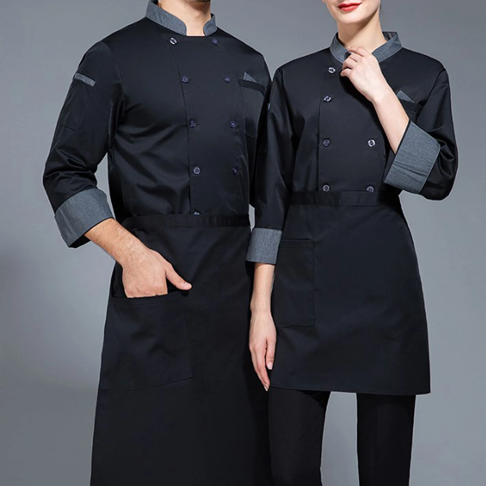 Unisex Women Men Double-Breasted Chef Coat Contrast Color Stand Collar Long Sleeve Cook Jacket Restaurant Hotel Kitchen Uniform