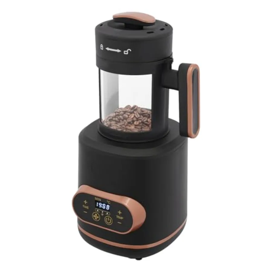 Home-use electric coffee roaster with digital display, stainless steel body, black finish, auto-cooling, 32-464F adjustable tem