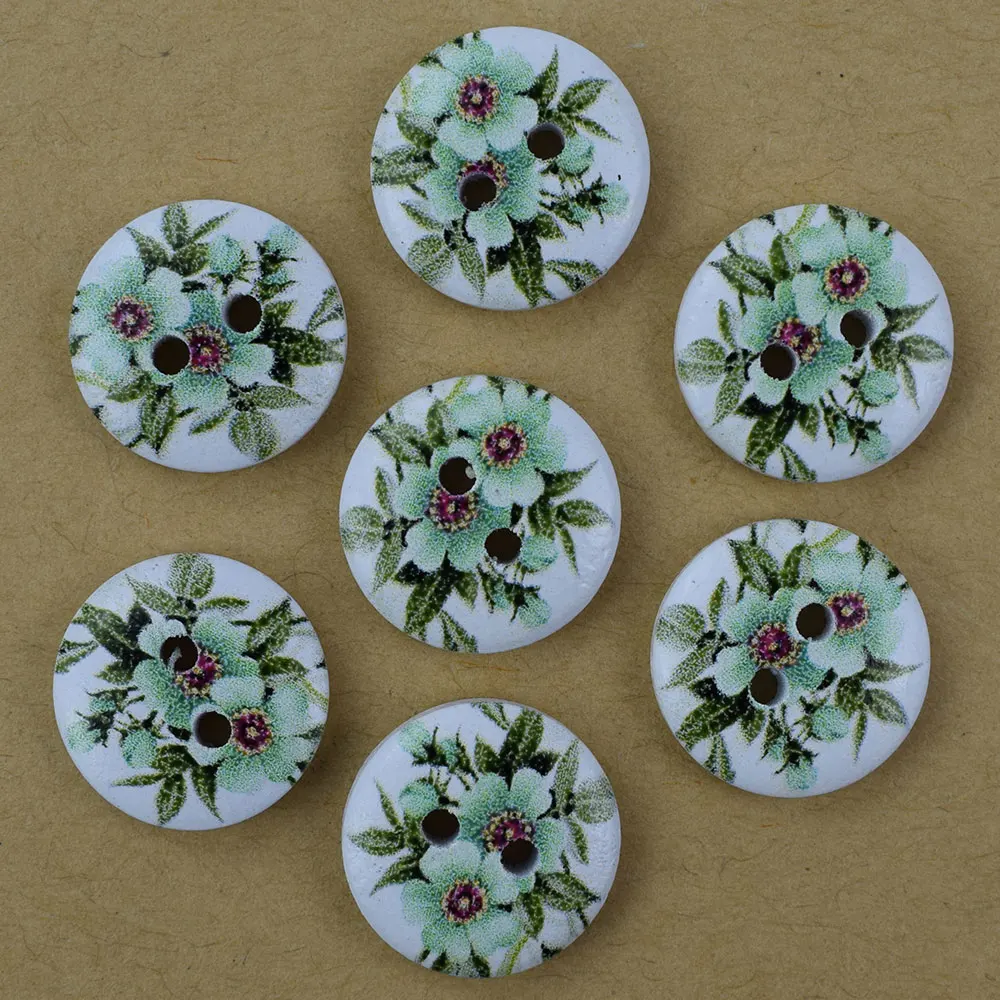 50PCS 15MM Cartoon Flower Buttons Color Children's Round Button Wooden Handmade Scrapbook Wedding Decoration Sewing Accessories