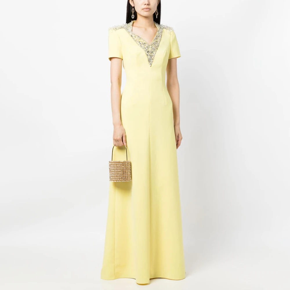 Elegant Wedding Party Dresses for Women 2024 Crystal V Neck A Line Evening Dress Long Short Sleeves Light Yellow Evening Gowns