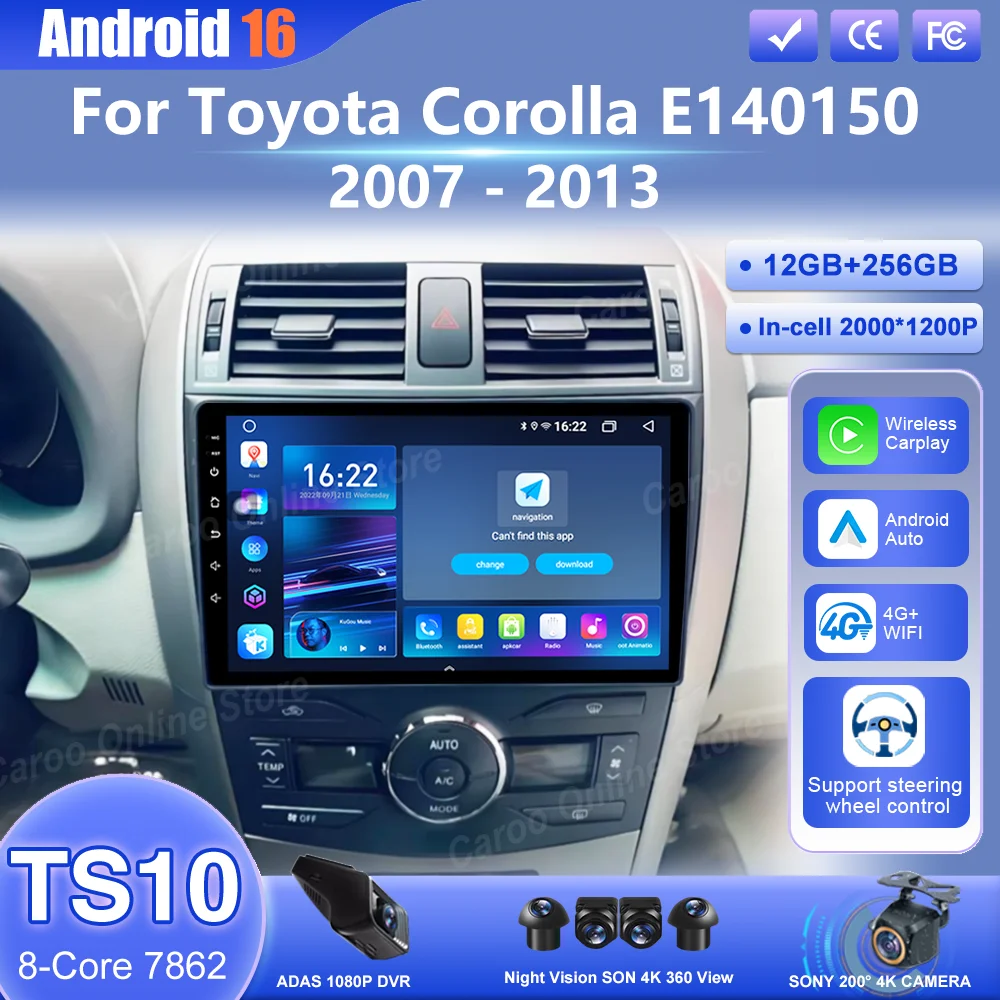 

Автомобильный радиоприемник Android 16, стерео для Toyota Corolla E140/150 2007 2008 2009 2010 2011 2012 2013, мультимедийный плеер без 2Din DVD Carplay