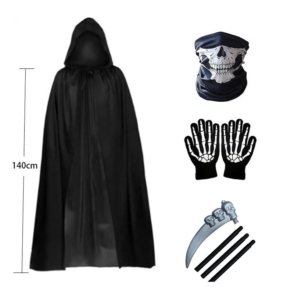 Halloween Sensenmann Cosplay Umhang-Set Hexen-Umhang in Schwarz mit Sensen-Requisit Geister-Party Bühnenkostüm Requisiten – Detail 1