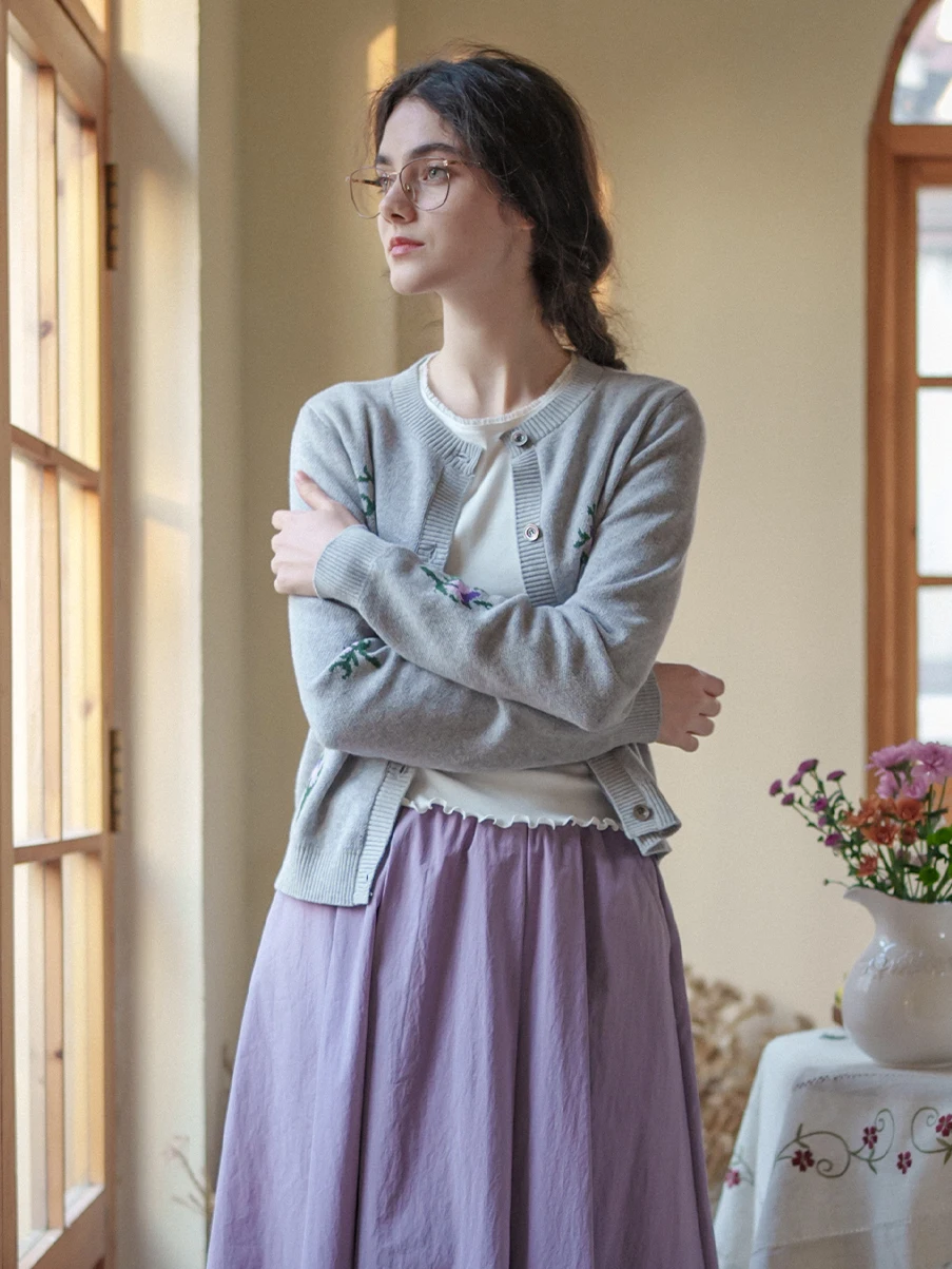 

Двусторонний вязаный хлопковый свитер-кардиган MarchNoon с цветочной вышивкой, легкий, круглый вырез, для ранней весны, в стиле Lazy Sle